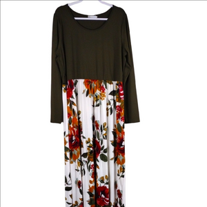 Hazel Blues Olive Top Multicolor Floral Skirt Scoop Neck Long Sleeve Maxi Dress